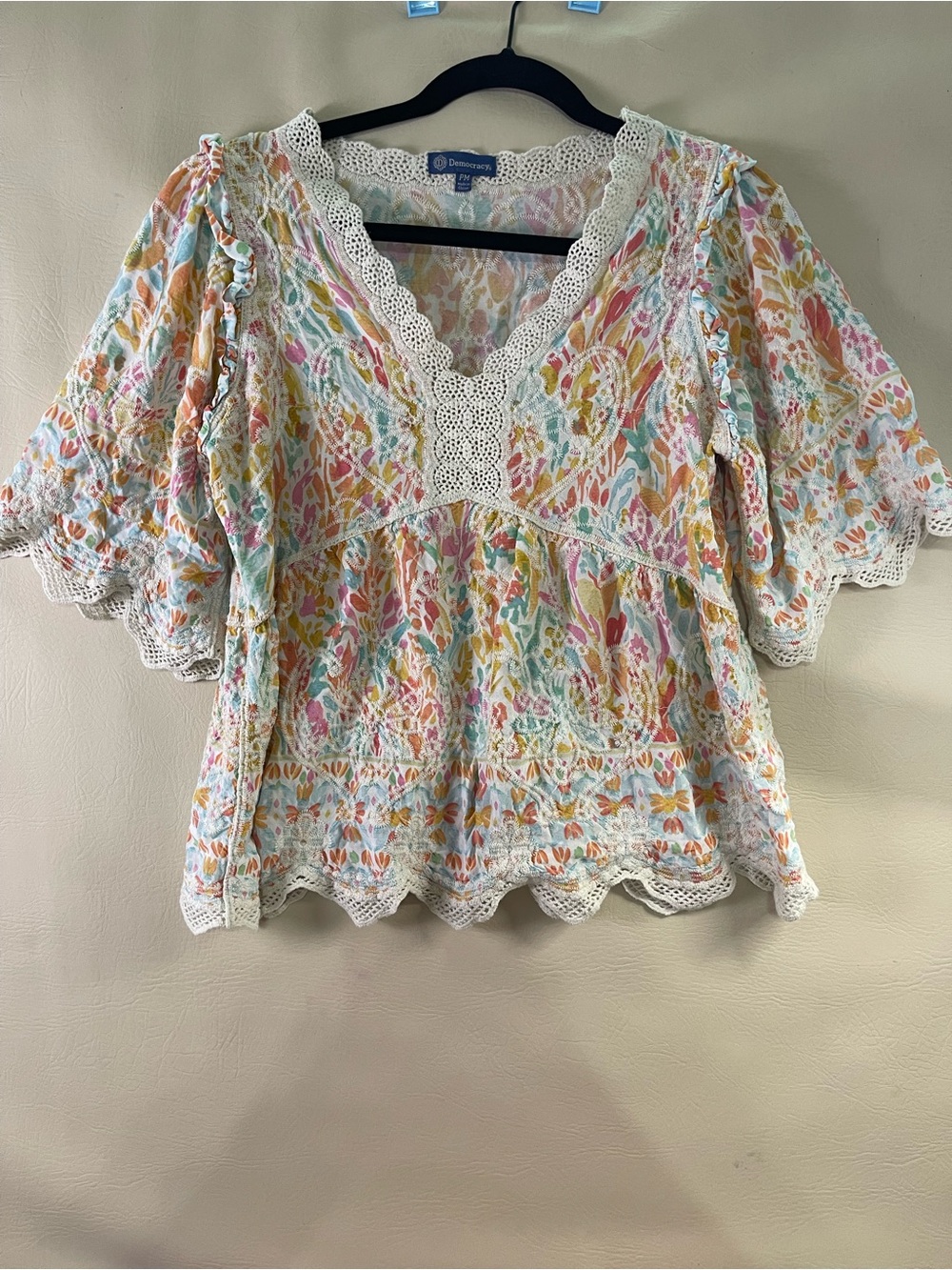 Democracy Pastel Floral Crochet-Trim Peasant Blouse pm